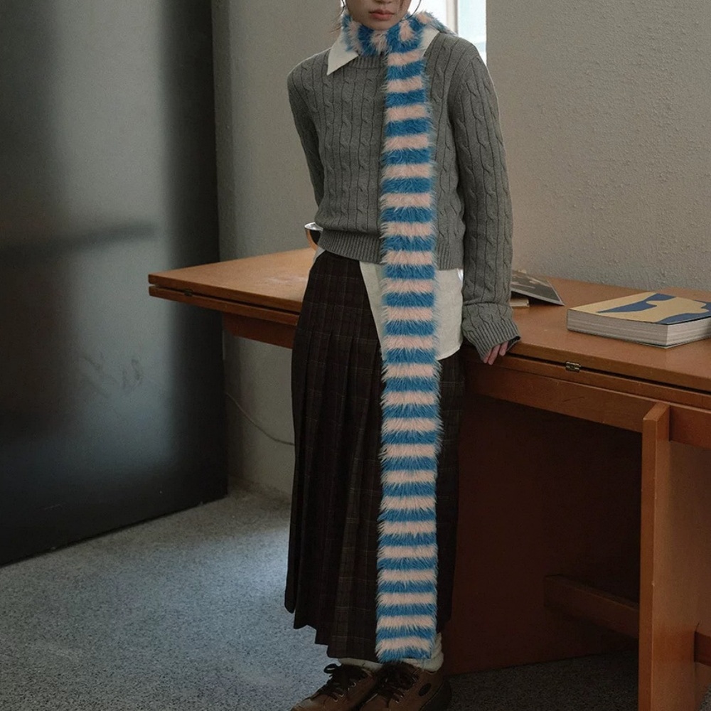 Extra long Blue and White Striped Fuzzy Scarf